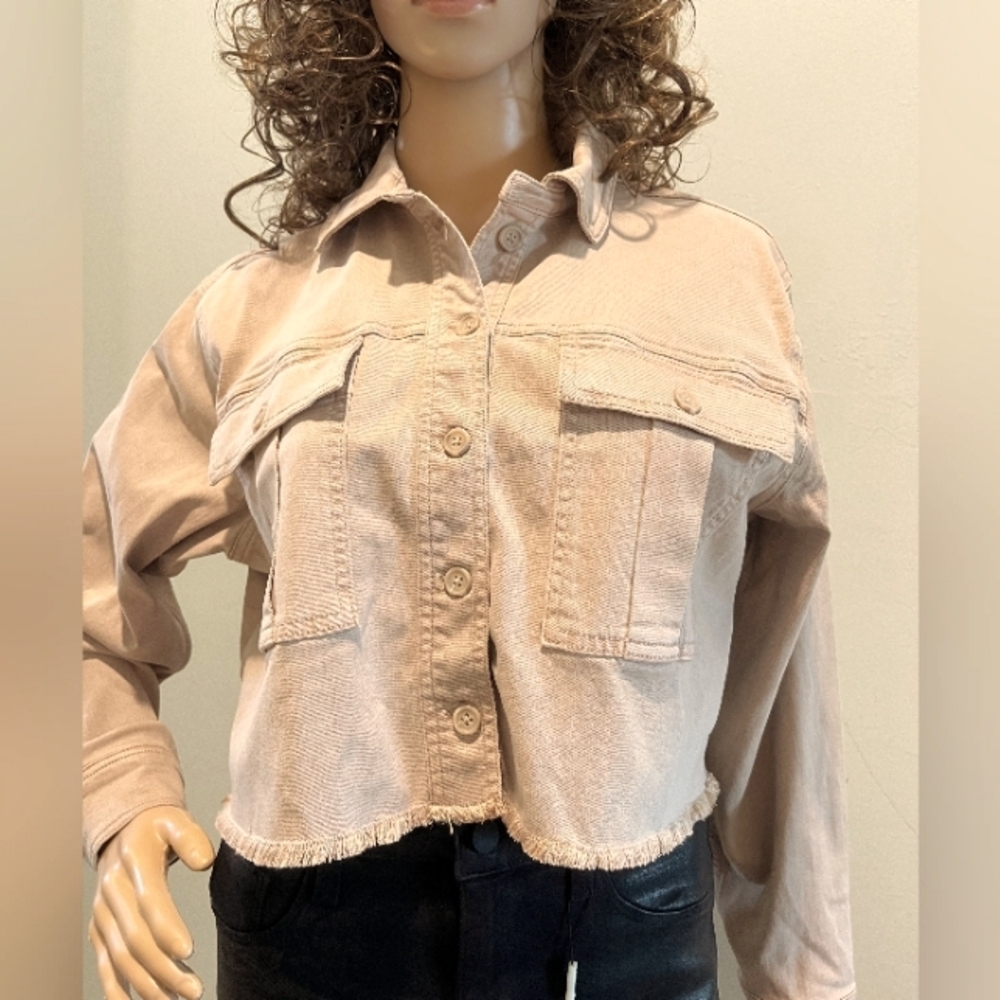 Splendid Tan Egret Cropped‎ & Frayed Denim Jacket  Size Small. New With T…